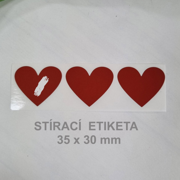 Stírací samolepka srdce 35 x 30 mm - červená (3 ks / bal)