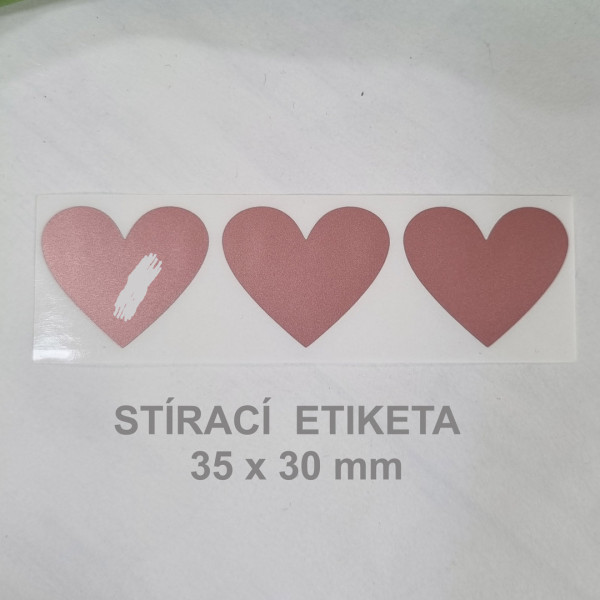 Stírací samolepka srdce 35 x 30 mm - starorůžová (3 ks / bal)