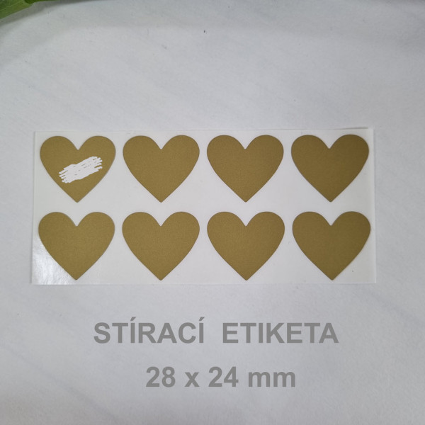 Stírací samolepka srdce 28 x 24 mm - zlatá (8 ks / bal)