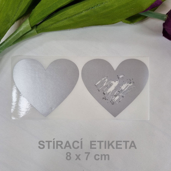 Stírací samolepka srdce 8 x 7 cm - stříbrná (2 ks / bal)