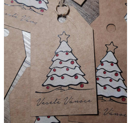 Vánoční jmenovky - bílý stromek - kraft (10 ks/bal)